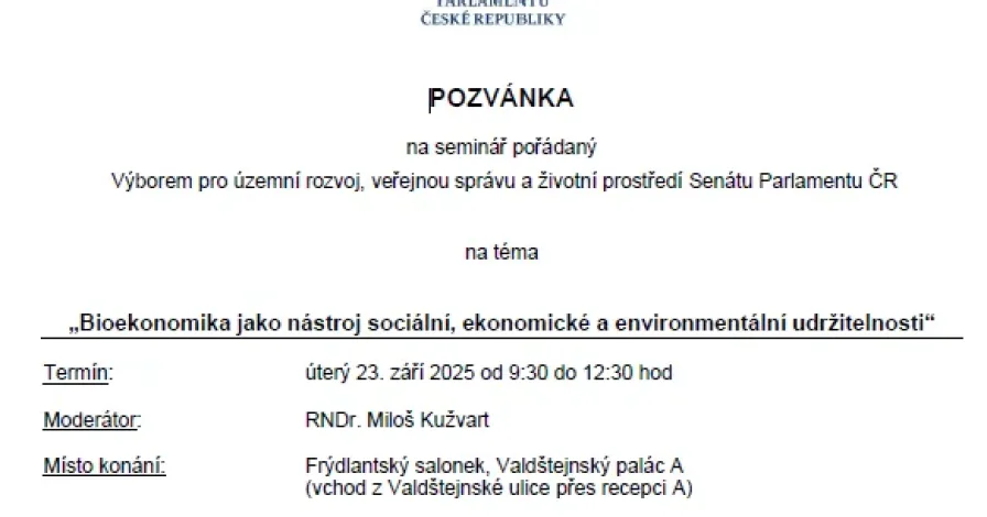 Pozvánka na seminář „Bioekonomika jako nástroj sociální, ekonomické a environmentální udržitelnosti“