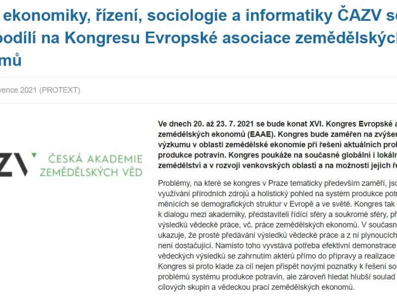OEŘSI ČAZV se spolupodílí na Kongresu Evropské asociace zemědělských ekonomů