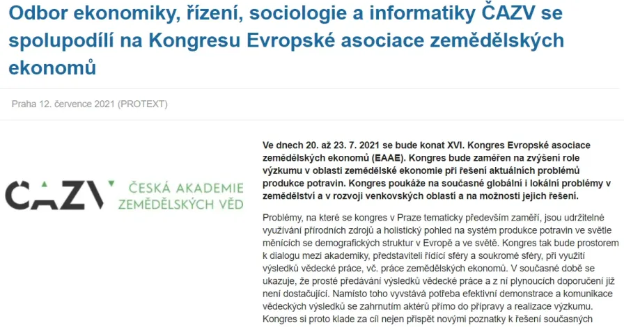 OEŘSI ČAZV se spolupodílí na Kongresu Evropské asociace zemědělských ekonomů