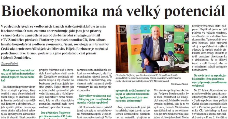 Rozhovory s členy ČAZV na téma bioekonomika v časopise Zemědělec