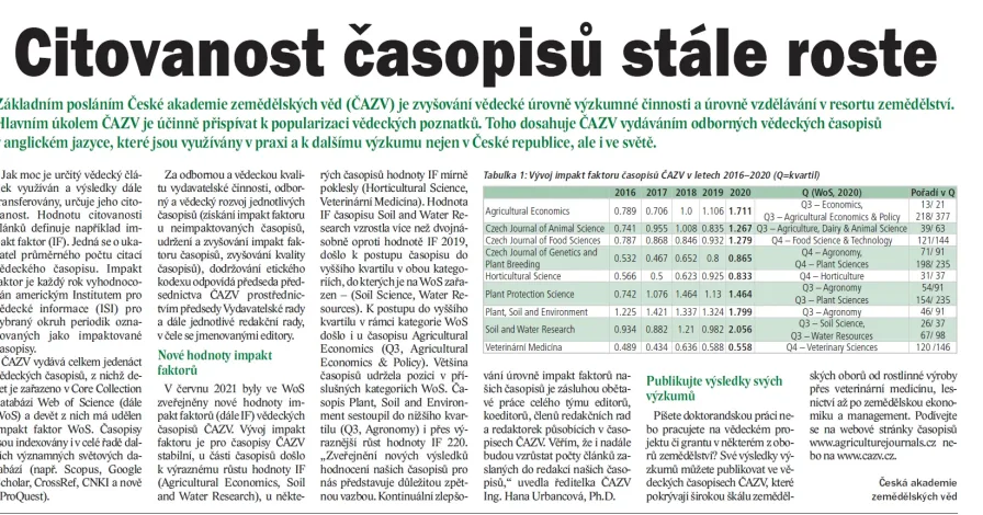 O citovanosti časopisů a soutěžích ČAZV v časopise Zemědělec