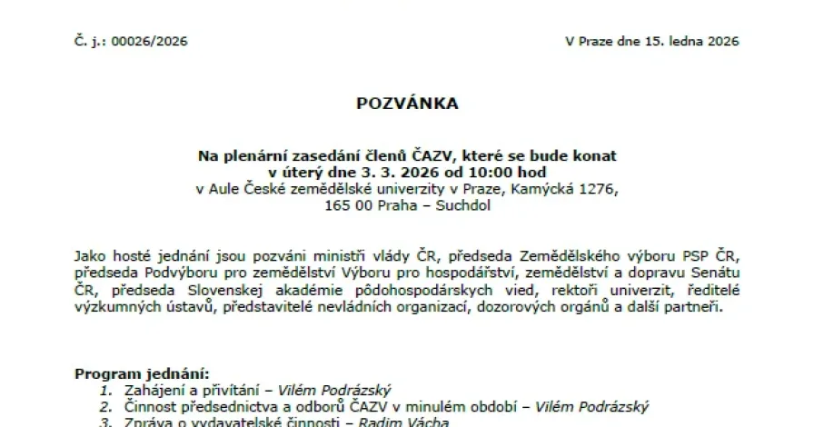 Pozvánka na plenární zasedání členů ČAZV