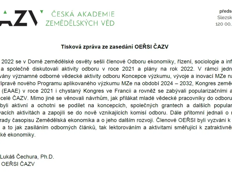 Tisková zpráva ze zasedání OEŘSI ČAZV