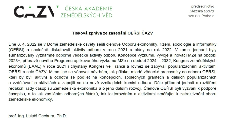 Tisková zpráva ze zasedání OEŘSI ČAZV