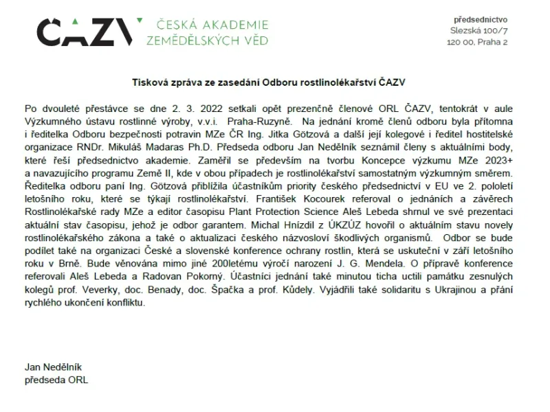 Tisková zpráva ze zasedání Odboru rostlinolékařství ČAZV