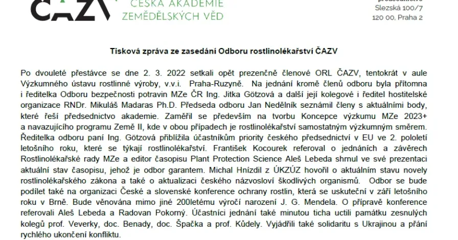 Tisková zpráva ze zasedání Odboru rostlinolékařství ČAZV