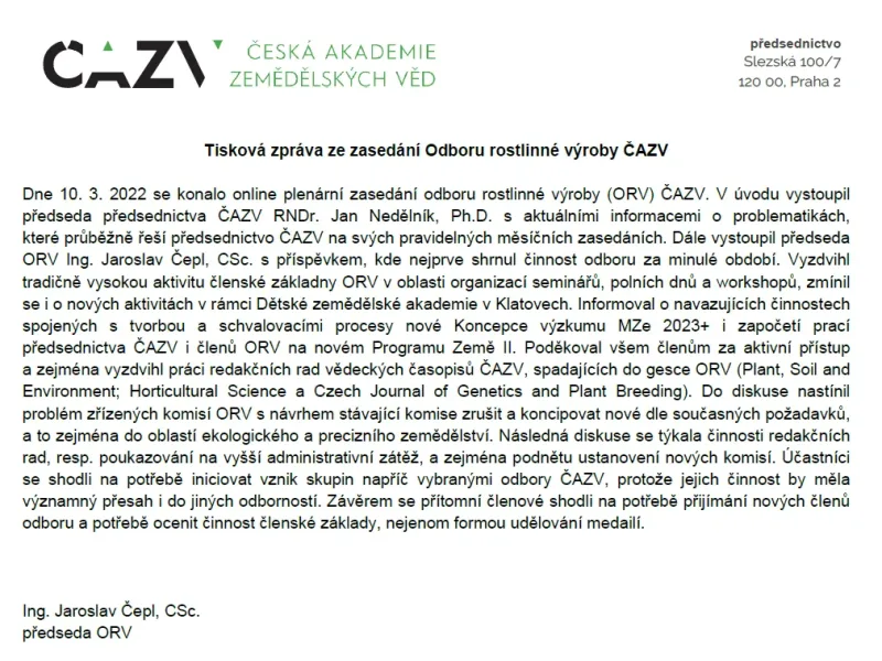 Tisková zpráva ze zasedání Odboru rostlinné výroby ČAZV