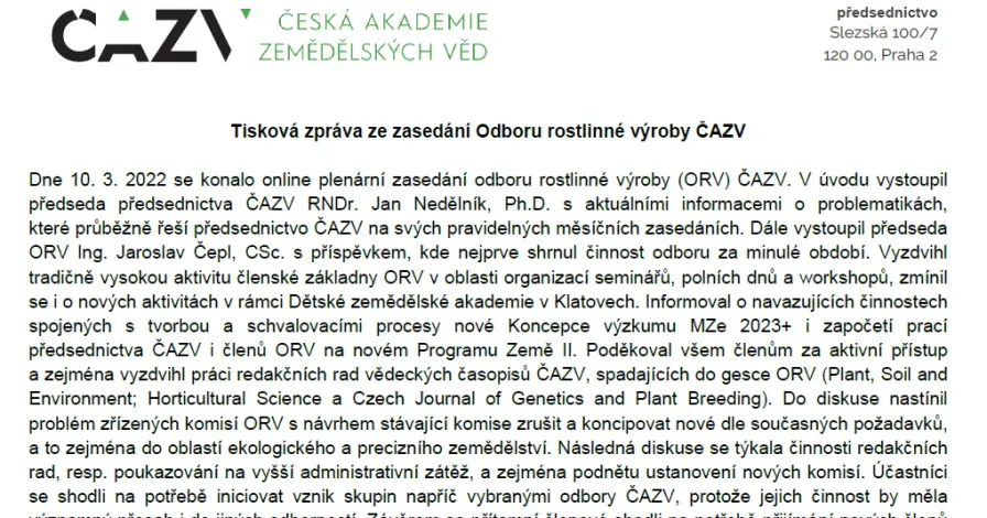 Tisková zpráva ze zasedání Odboru rostlinné výroby ČAZV