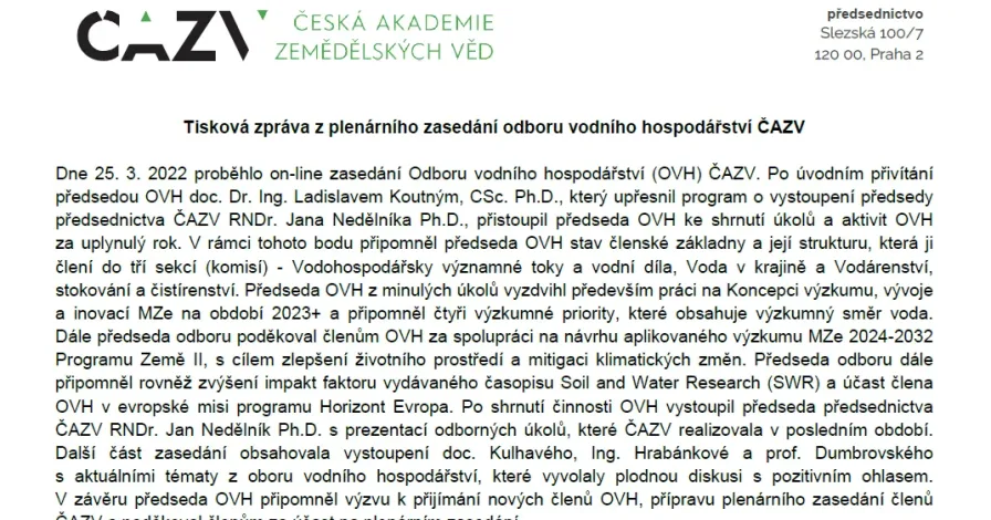 Tisková zpráva z plenárního zasedání odboru vodního hospodářství ČAZV