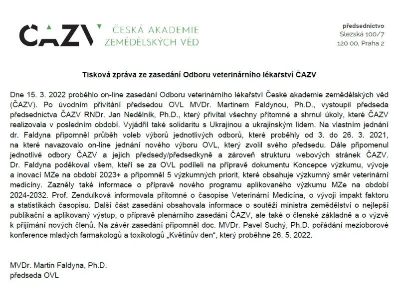 Tisková zpráva ze zasedání Odboru veterinárního lékařství ČAZV