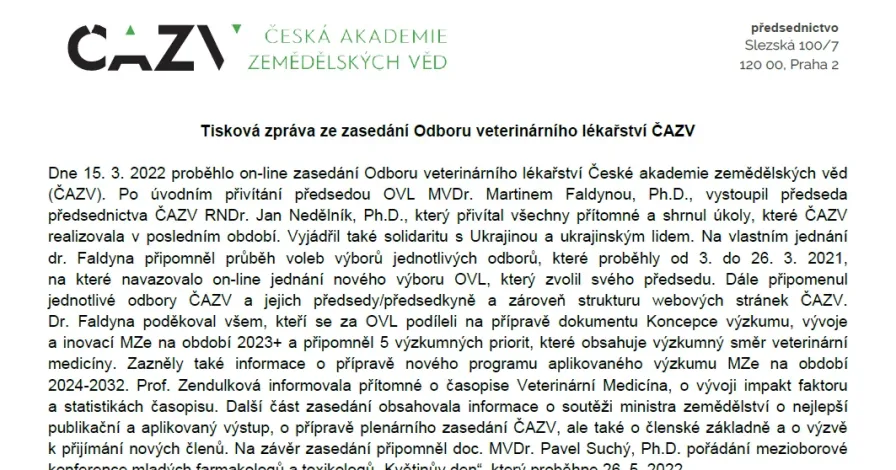 Tisková zpráva ze zasedání Odboru veterinárního lékařství ČAZV
