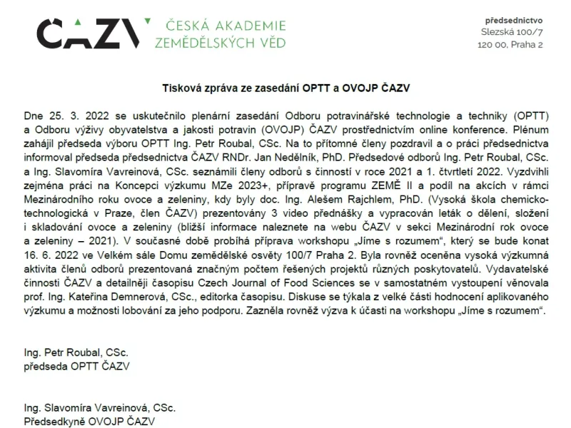 Tisková zpráva ze zasedání OPTT a OVOJP ČAZV