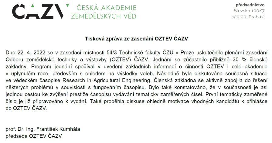Tisková zpráva ze zasedání OZTEV ČAZV