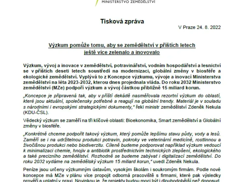 Tisková zpráva Ministerstva zemědělství ČR