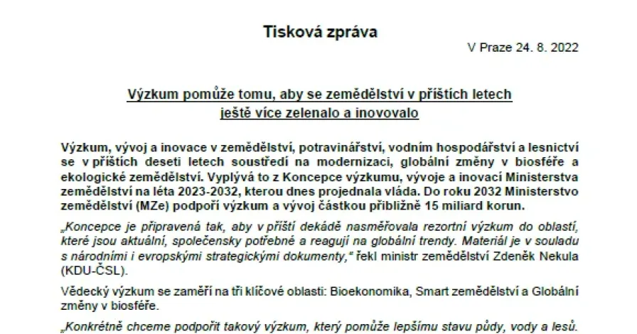 Tisková zpráva Ministerstva zemědělství ČR