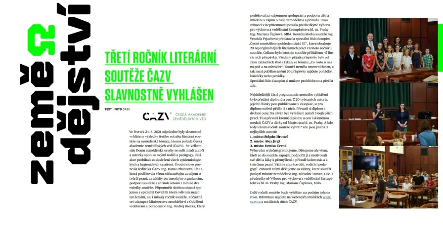 O slavnostním vyhlášení výsledků literární soutěže ČAZV v časopise Zemědělec a Zemědělská škola