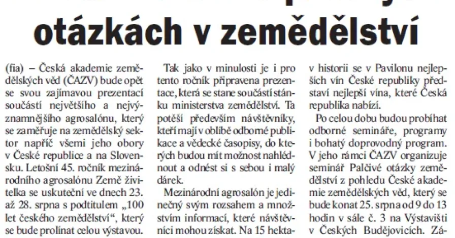 O účasti ČAZV na Zemi živitelce