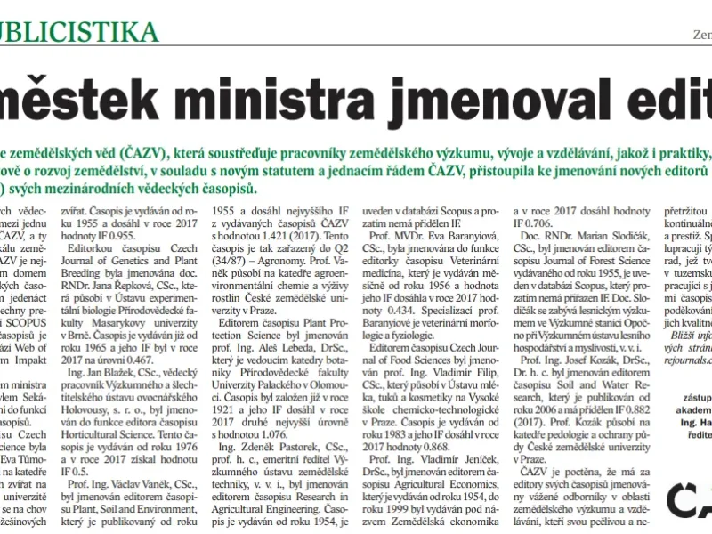 Náměstek ministra jmenoval editory časopisů ČAZV