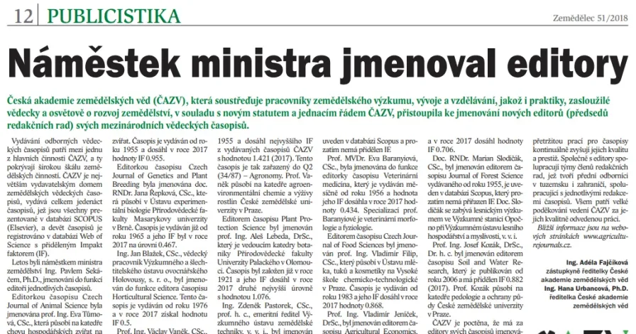 Náměstek ministra jmenoval editory časopisů ČAZV