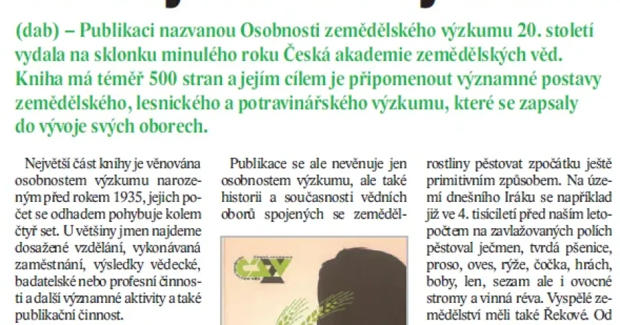 „Kdo byl kdo ve výzkumu“ – článek o publikaci ČAZV v časopisu Zemědělec