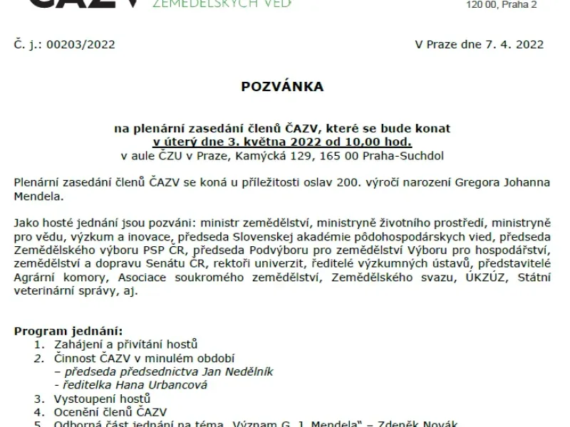 Pozvánka na plenární zasedání členů ČAZV