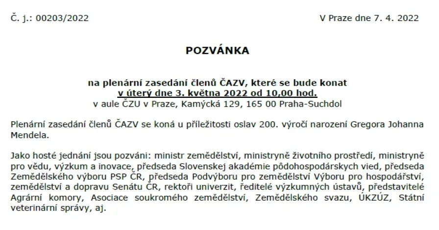 Pozvánka na plenární zasedání členů ČAZV