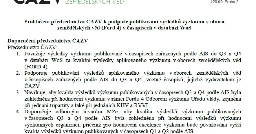 Prohlášení předsednictva ČAZV k podpoře publikování výsledků výzkumu v oboru zemědělských věd (Ford 4) v časopisech v databázi WoS
