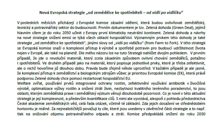 Prohlášení předsednictva ČAZV k nové Evropské strategii „od zemědělce ke spotřebiteli – od vidlí po vidličku“