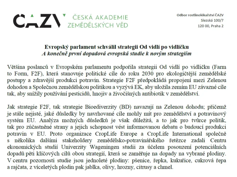 Vyjádření předsedy ORL ČAZV k první dopadové evropské studii k novým strategiím EU