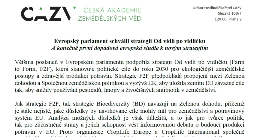 Vyjádření předsedy ORL ČAZV k první dopadové evropské studii k novým strategiím EU