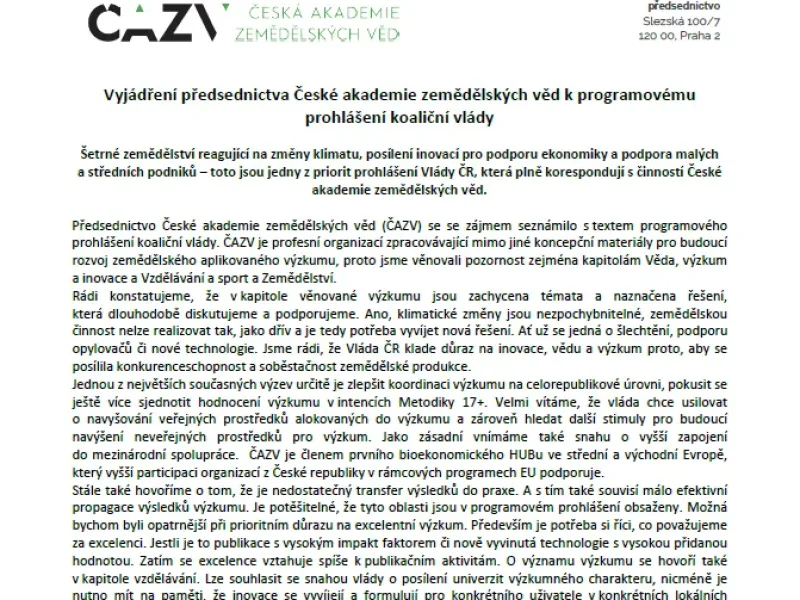 Vyjádření předsednictva ČAZV k programovému prohlášení koaliční vlády