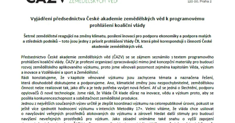Vyjádření předsednictva ČAZV k programovému prohlášení koaliční vlády