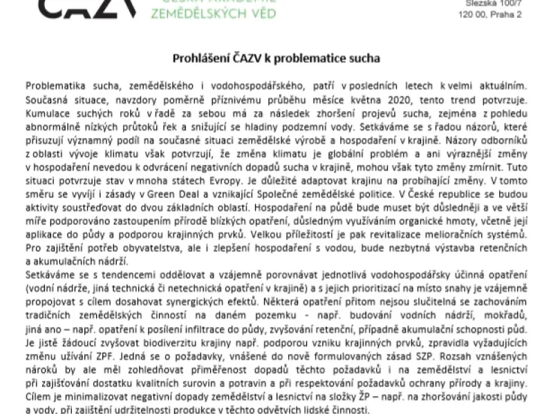 Prohlášení ČAZV k problematice sucha