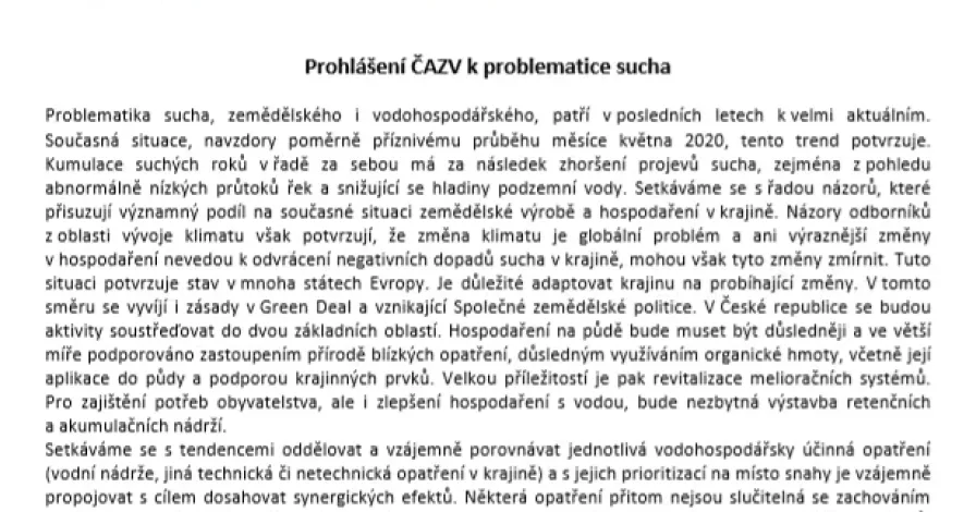 Prohlášení ČAZV k problematice sucha