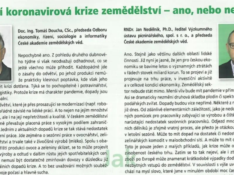 Ovlivní koronavirová krize zemědělství – ano či ne? Článek členů ČAZV v časopise Úroda