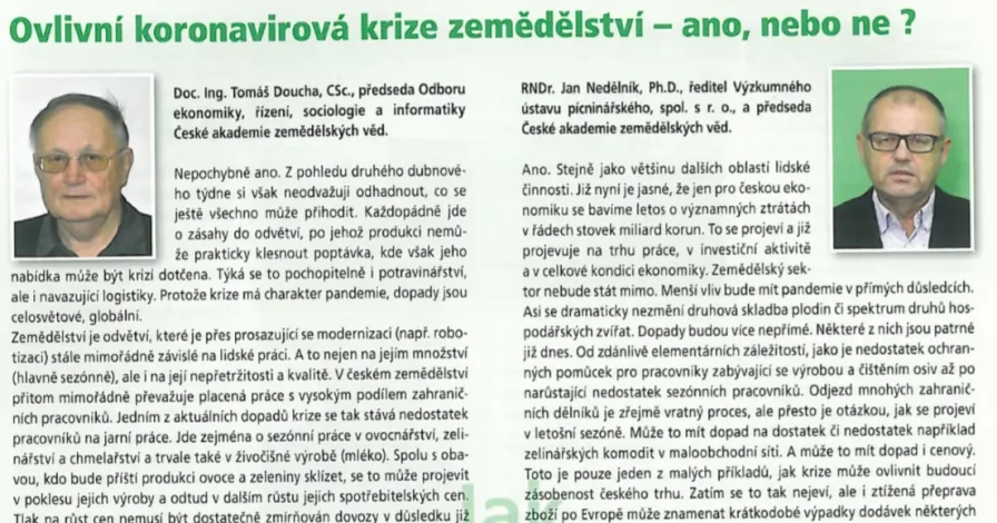 Ovlivní koronavirová krize zemědělství – ano či ne? Článek členů ČAZV v časopise Úroda