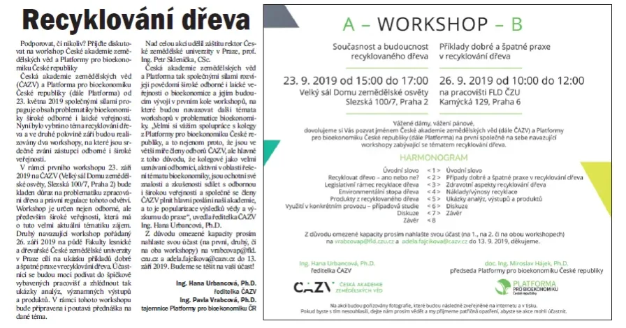 O plánovaných workshopech na téma recyklování dřeva v časopise Zemědělec