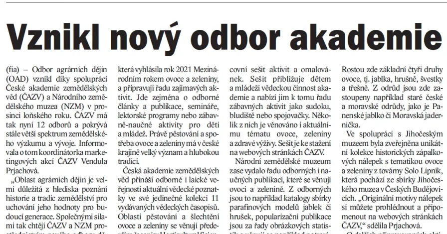 O aktivitách ČAZV v časopise Zemědělec