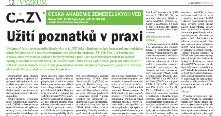 Členové odboru veterinárního lékařství ČAZV publikují v časopise Zemědělec