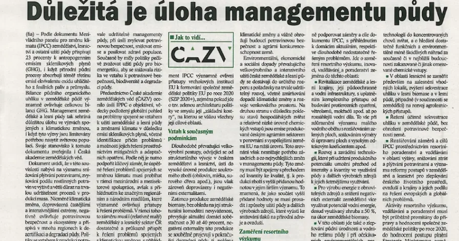 Důležitá je úloha managementu půdy, článek členů ČAZV v časopisu Zemědělec