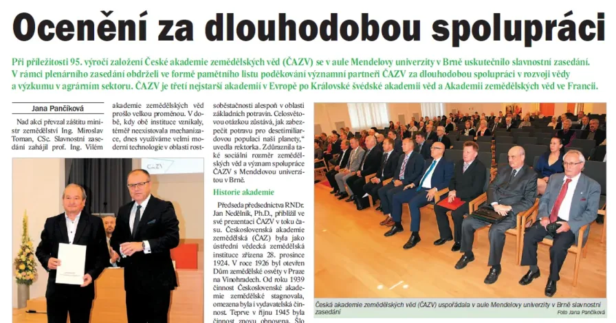 O slavnostním zasedání ČAZV v časopise Zemědělec