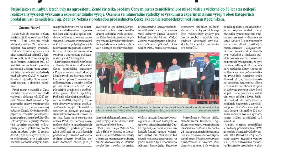 O vyhlášení Cen ministra zemědělství v časopise Zemědělec