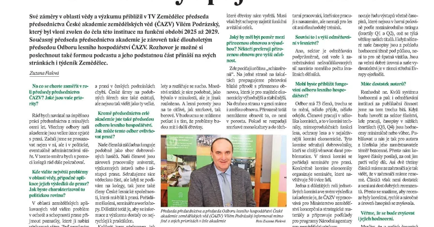O činnosti ČAZV a současných výzvách lesního hospodářství v časopise Zemědělec